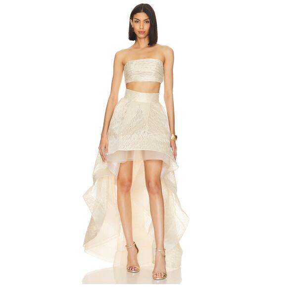Bronx and Banco Tiara Pleated Strapless High-Low Gown Jacquard Cream Size XS - Picture 1 of 13